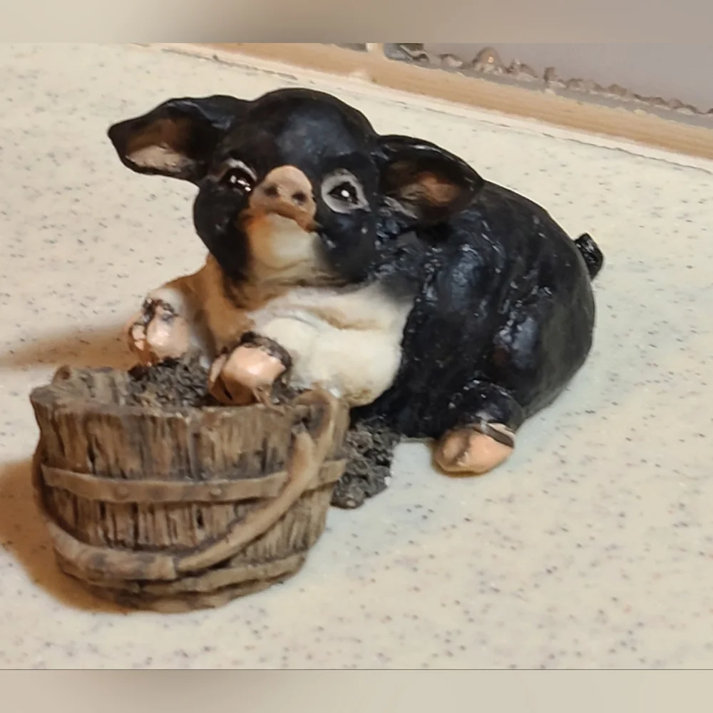 Black and White Pig Figurine With Barrel Super Cute Collectible